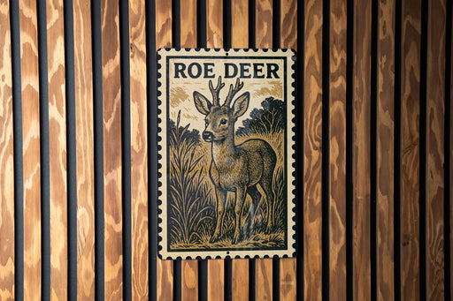 A metal plaque featuring an illustration of a roe deer standing in a grassy field.