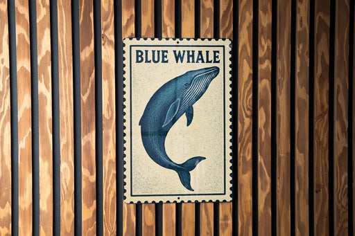 a blue whale on a wooden wall.