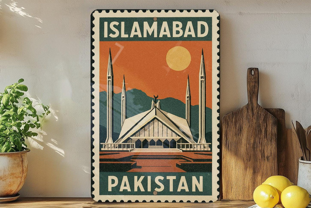 A vintage-style metal sign with the text "ISLAMABAD PAKISTAN" and an illustration of a mosque against a sunset background.