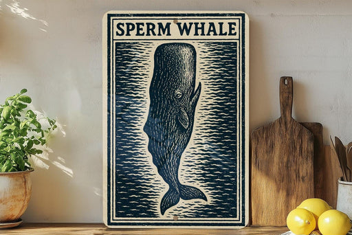 a decorative sign with a stylized illustration of a whale, placed on a wooden surface next to a wooden cutting board and some lemons.