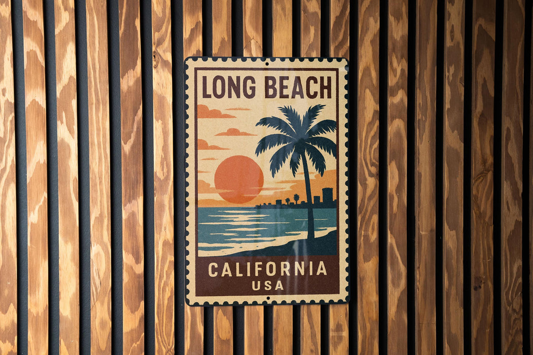 A vintage-style metal sign with the text "LONG BEACH CALIFORNIA USA" is displayed on a wooden wall.