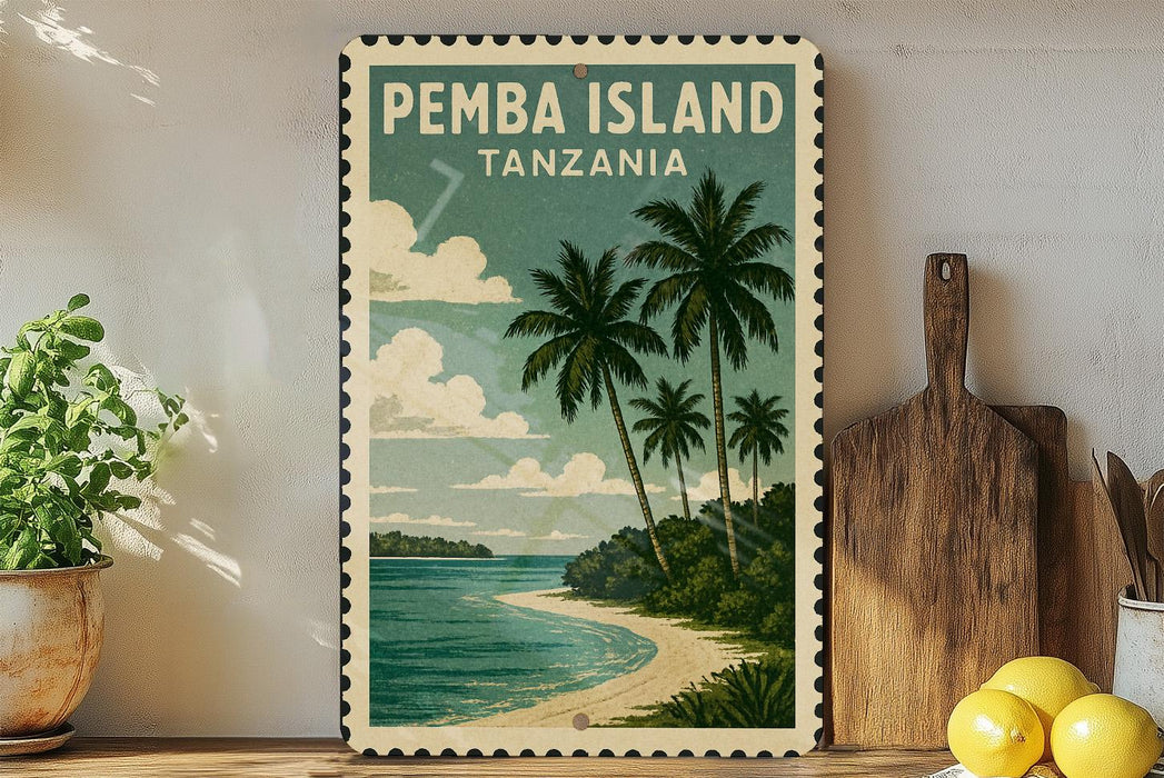 A vintage-style poster of Pemba Island, Tanzania, featuring palm trees, a beach, and a blue ocean.