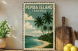 A vintage-style poster of Pemba Island, Tanzania, featuring palm trees, a beach, and a blue ocean.