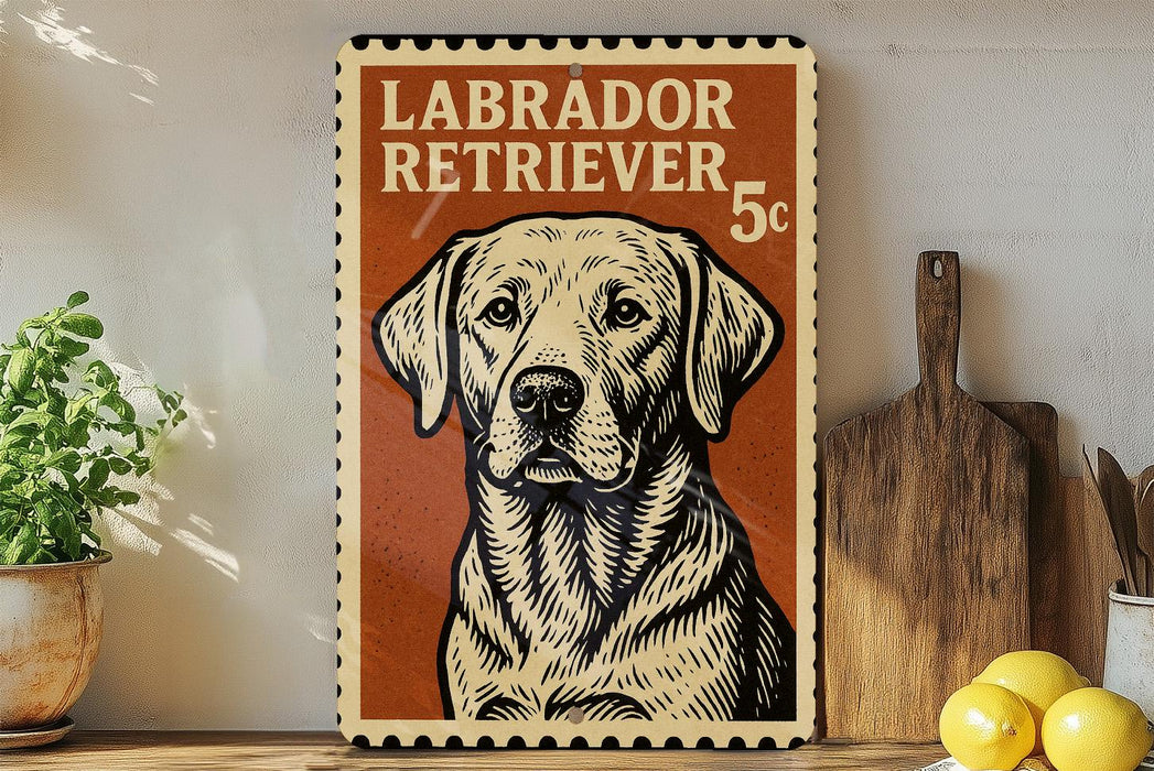 A vintage-style metal sign featuring a Labrador Retriever dog, with the text "LABRADOR RETRIEVER 5c" printed on it. The sign is displayed on a shelf next to a wooden cutting board and some kitchen utensils.