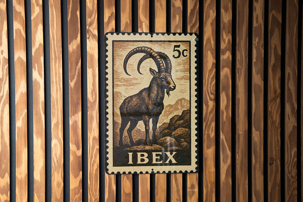 A postage stamp featuring a goat with curved horns, mounted on a wooden wall.