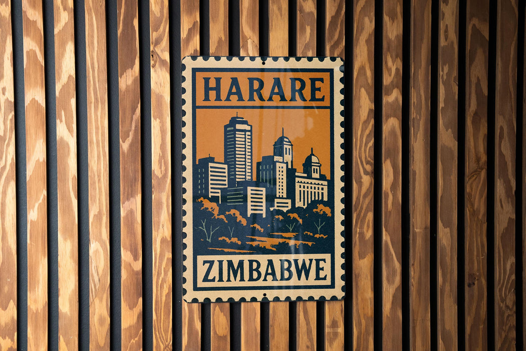 A vintage Zimbabwe postage stamp is displayed on a wooden wall.