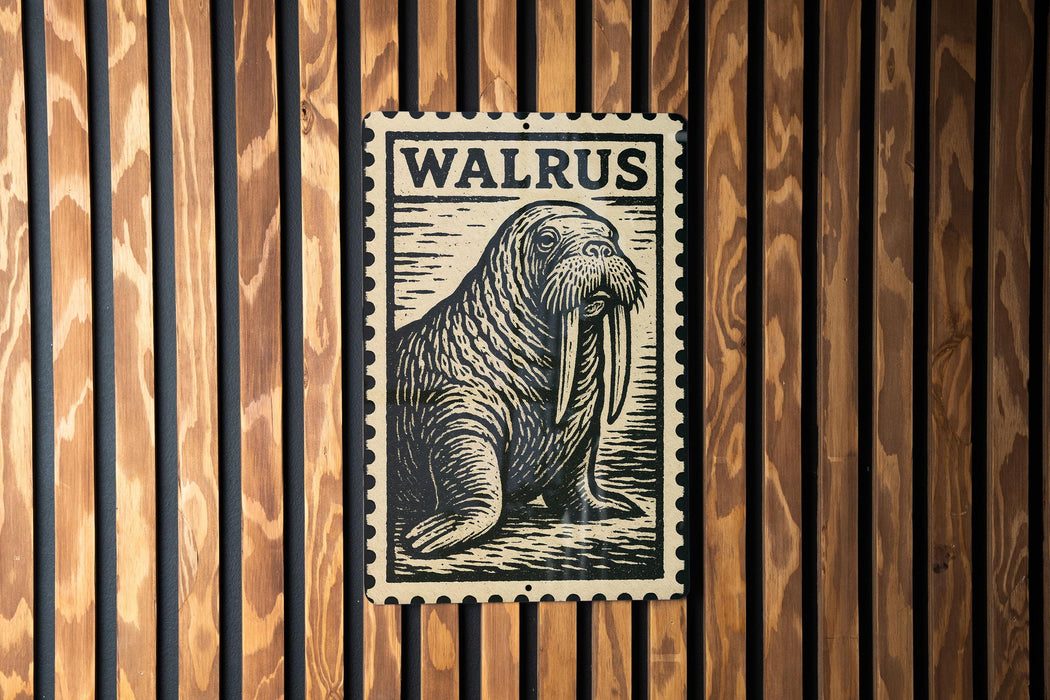 A walrus illustration on a wooden wall, with the word "WALRUS" written above it.