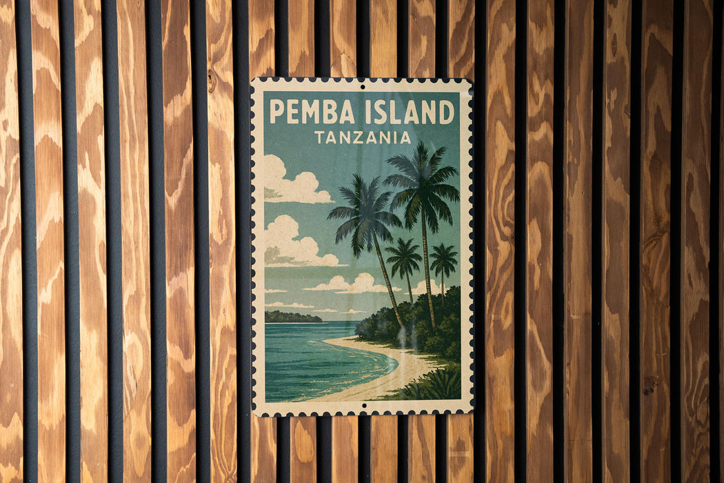 A vintage-style postage stamp depicting a tropical beach scene with palm trees and a blue sky, hanging on a wooden wall.