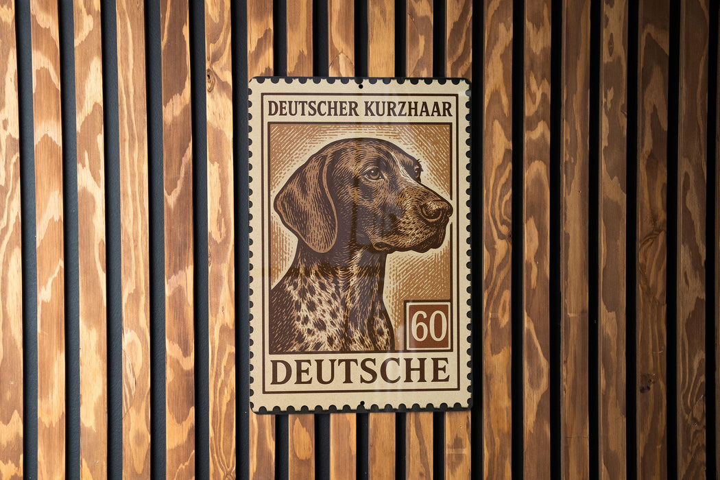 A German Shepherd dog is depicted on a postage stamp, which is affixed to a wooden wall.