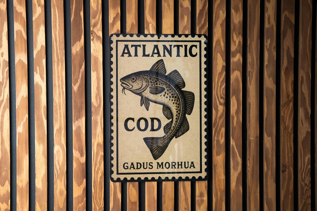 A sign for Atlantic Cod, featuring a fish illustration, is displayed on a wooden wall.