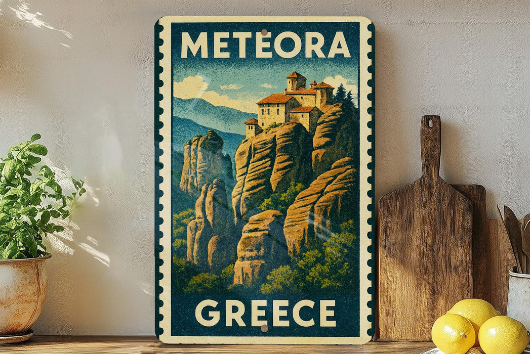 A vintage-style metal sign with the text "METEORA GREECE" and an illustration of a castle on a mountain.