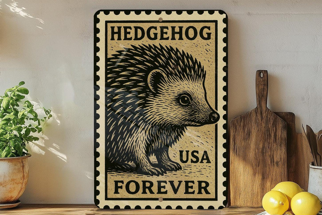 A vintage-style metal sign with a hedgehog illustration and the text "HEDGEHOG USA FOREVER" is displayed on a shelf next to a wooden cutting board and some potted plants.
