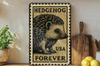 A vintage-style metal sign with a hedgehog illustration and the text "HEDGEHOG USA FOREVER" is displayed on a shelf next to a wooden cutting board and some potted plants.