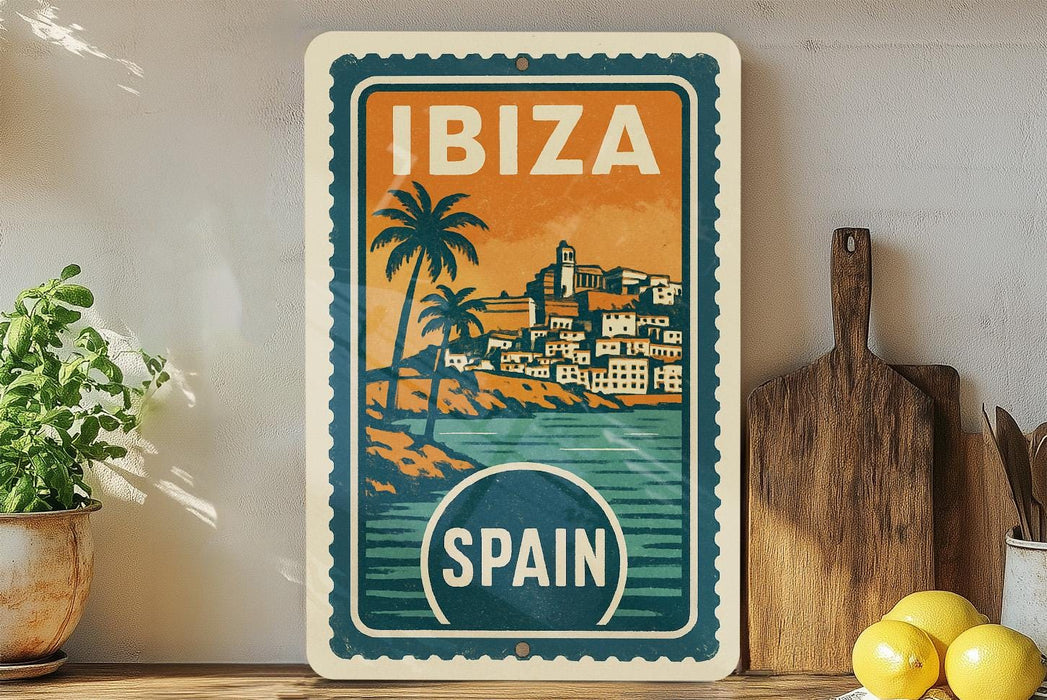 A vintage-style travel poster for Ibiza, Spain, featuring a tropical beach scene with palm trees and buildings.