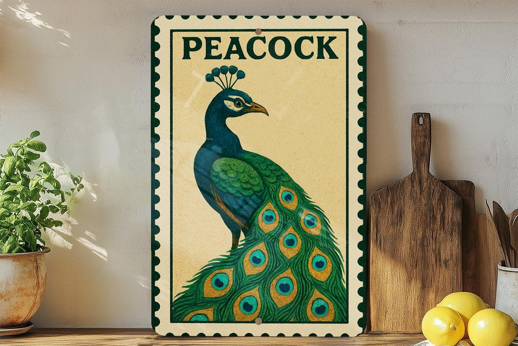 A vintage-style metal sign with a peacock illustration, featuring a wooden cutting board and lemons in the background.
