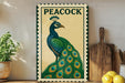 A vintage-style metal sign with a peacock illustration, featuring a wooden cutting board and lemons in the background.