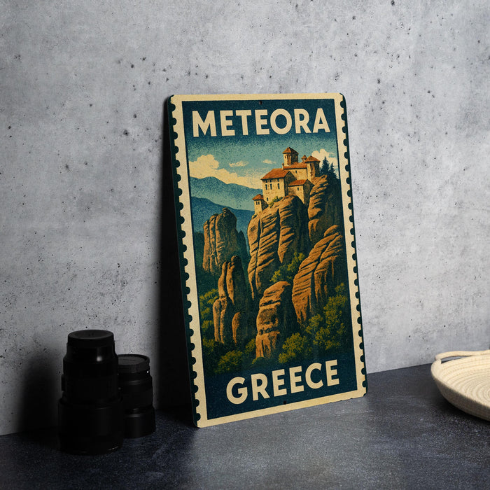 A vintage-style metal poster depicting a scenic mountain landscape with a castle or building on a cliff, set against a blue sky with clouds.