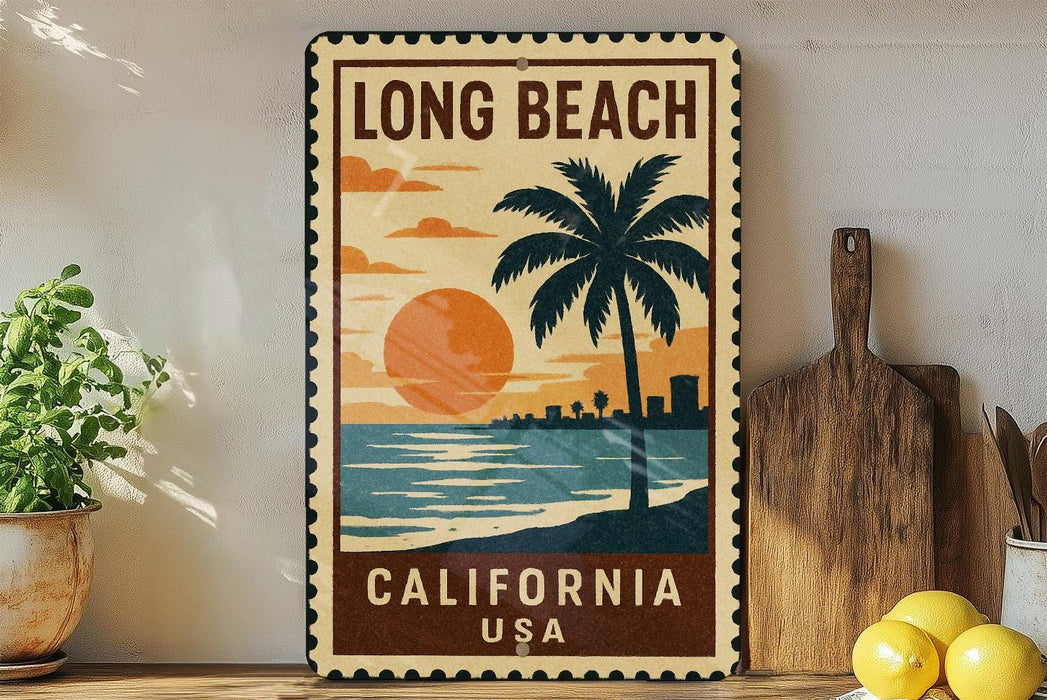 A vintage-style metal sign with the text "LONG BEACH CALIFORNIA USA" and a palm tree illustration, placed on a wooden surface next to a potted plant and a cutting board.
