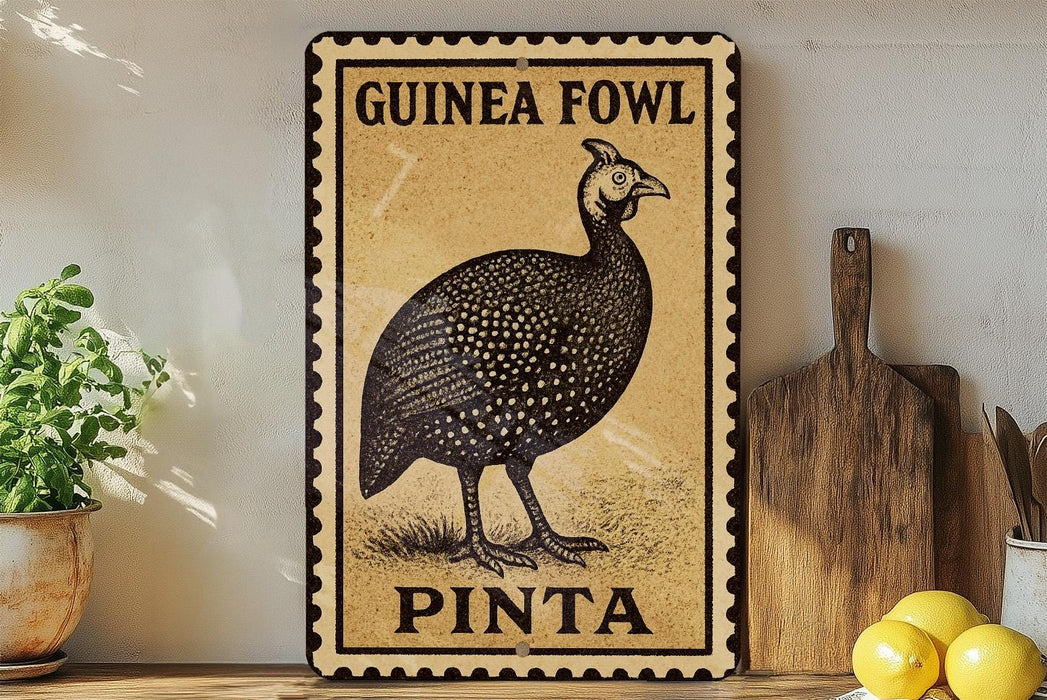 A decorative metal sign featuring a detailed illustration of a guinea fowl, with the text "GUINEA FOWL PINTA" prominently displayed. The sign is placed on a wooden surface, with a potted plant and a wooden cutting board visible in the background.