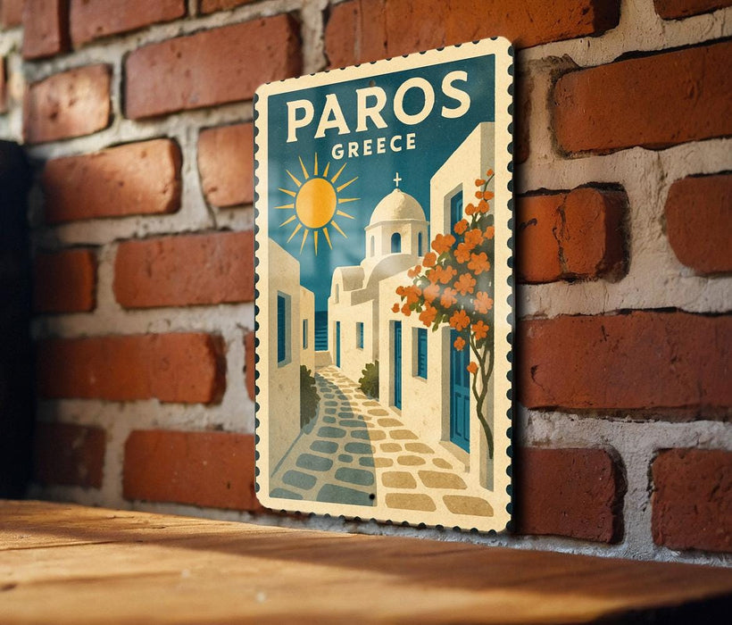 A vintage-style postage stamp depicting a street scene in Greece, with a church and a sun in the background.