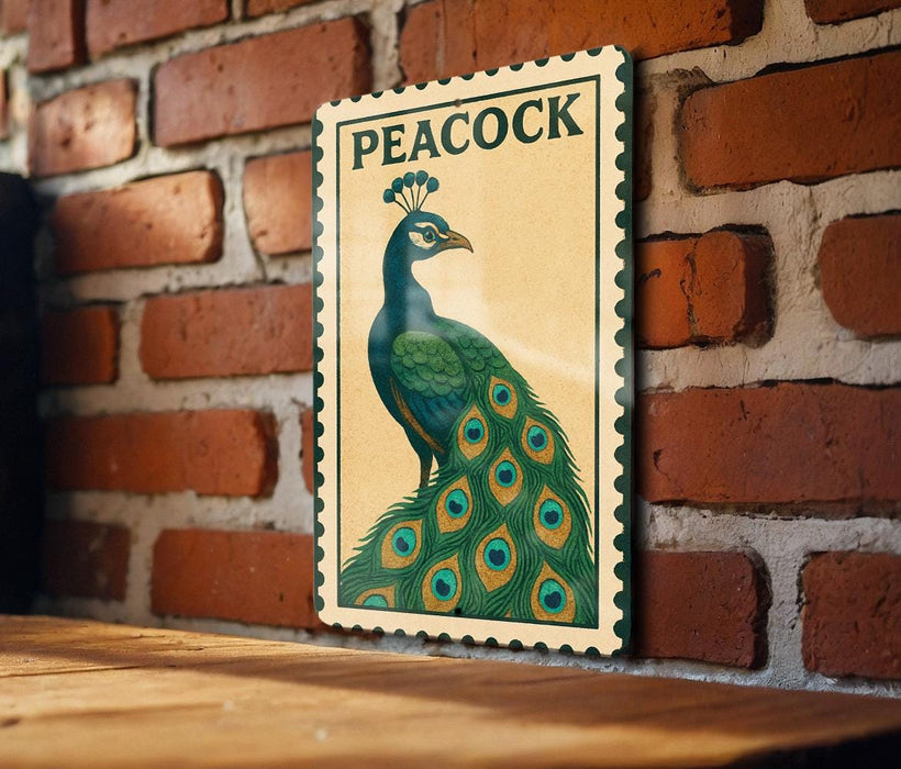 A framed illustration of a peacock is displayed on a brick wall.