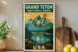 A vintage-style postage stamp depicting the Grand Teton National Park in the United States, with a scenic mountain landscape and a lake in the foreground.