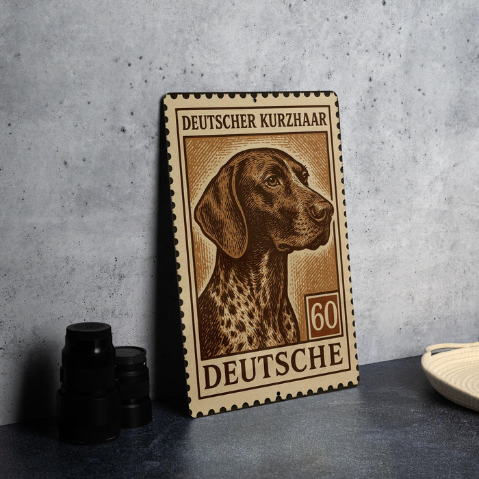 A metal stamp featuring a German Shorthaired Pointer dog, with the text "DEUTSCHER KURZHAAR" and "60 DEUTSCHE" printed on it.