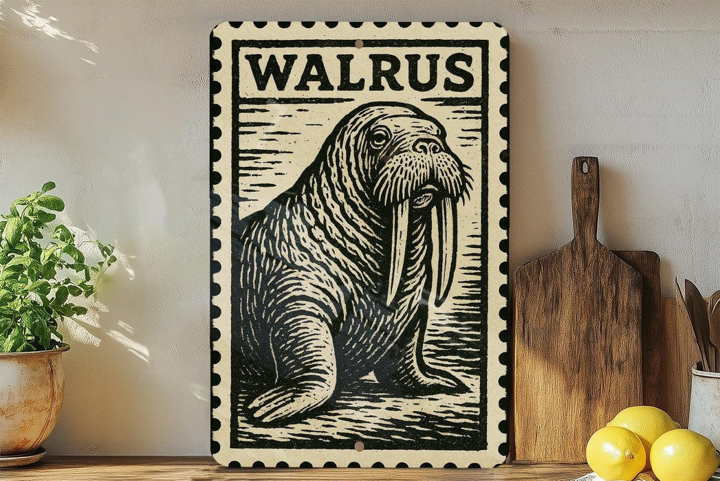 A walrus illustration on a framed piece of art is displayed on a shelf, accompanied by a wooden cutting board, a potted plant, and some lemons.