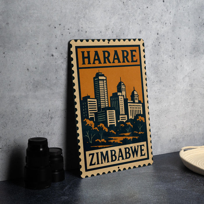 A Zimbabwe postage stamp featuring an illustration of the city skyline.