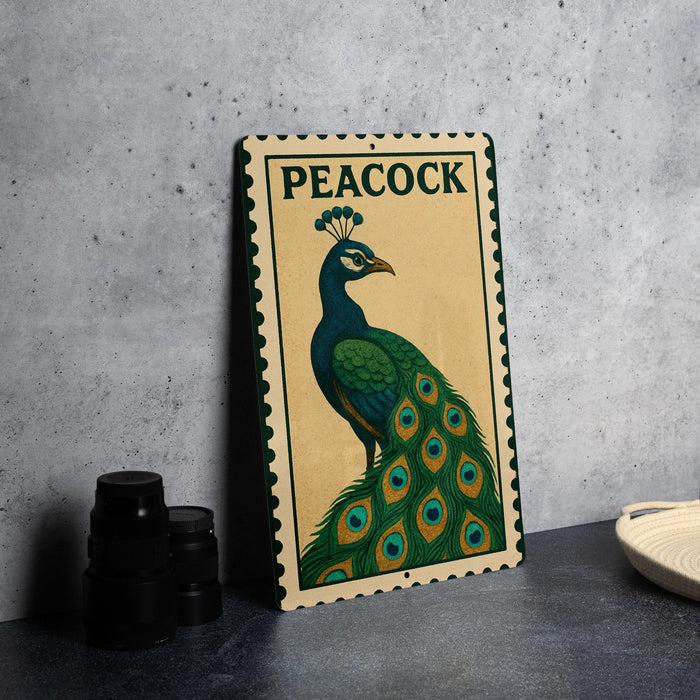 A metal sign featuring a colorful illustration of a peacock, with the word "PEACOCK" written on it.