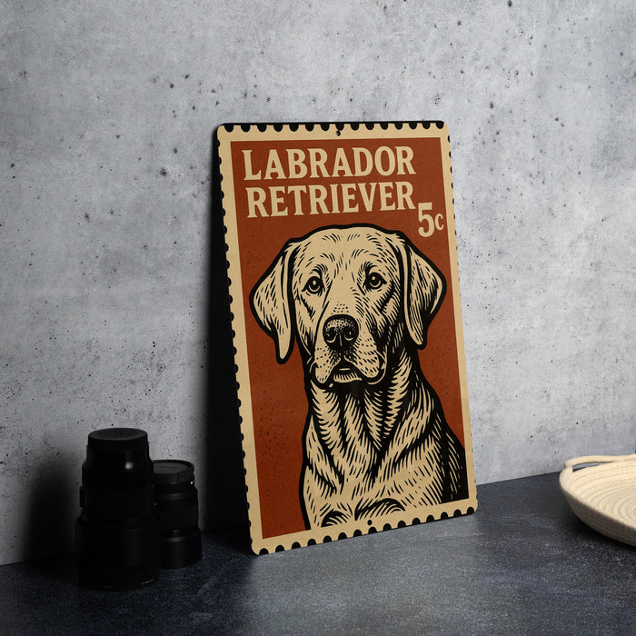 A wooden sign featuring a Labrador Retriever dog, with the text "LABRADOR RETRIEVER 5c" printed on it.