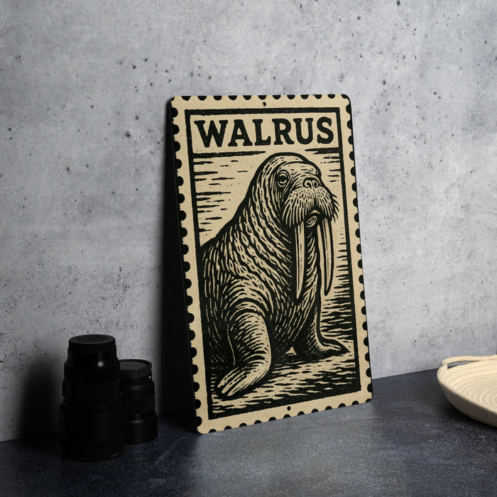A framed illustration of a walrus is displayed on a wall, with a stack of black camera lenses to the left and a woven basket to the right.