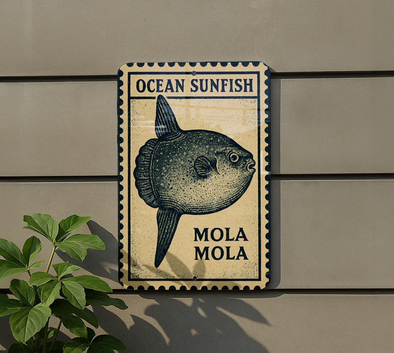 a sign with a picture of a mola mola, a type of fish, mounted on a wall.