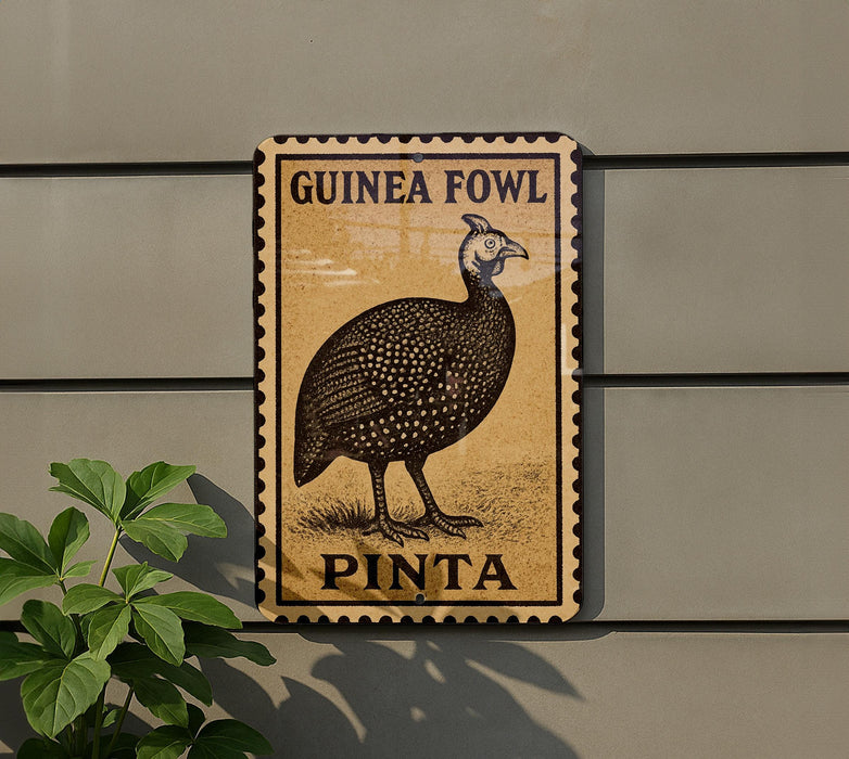 a sign with a picture of a guinea fowl and the text "Guinea Fowl Pinta" on it, mounted on a wall.