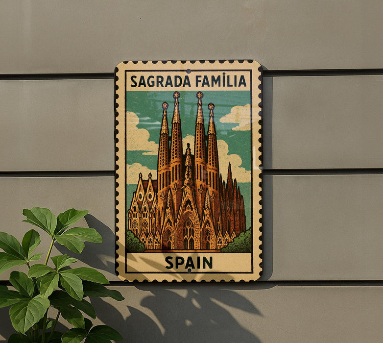 A sign displaying the Sagrada Familia, a famous cathedral in Barcelona, Spain.