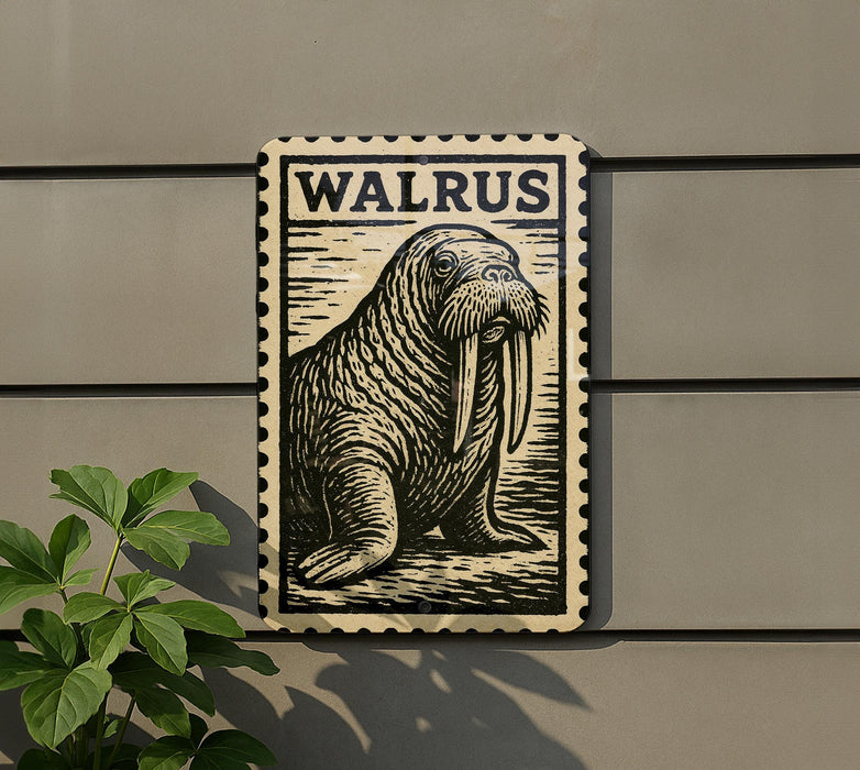 A walrus illustration on a wall, with the word "WALRUS" written above it.