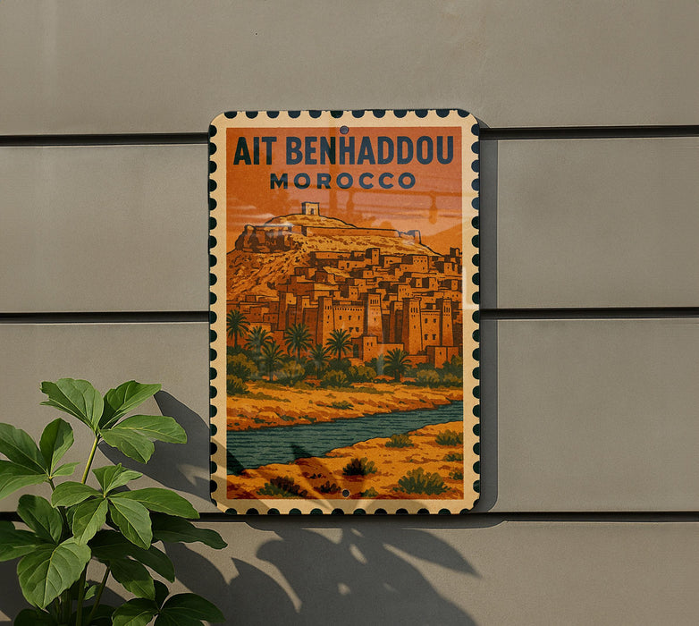 a vintage-style poster of a Moroccan city, with a desert landscape and a river in the background.