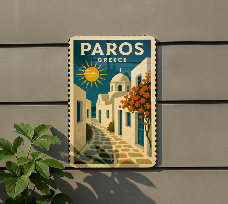 A vintage-style poster of a Greek village, featuring a sun, buildings, and a path, is displayed on a wall.