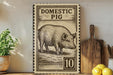 a vintage-style stamp or sign with a pig illustration, placed on a wooden surface next to a wooden cutting board and some lemons.