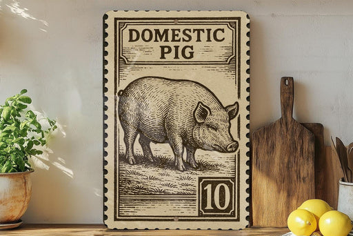 a vintage-style stamp or sign with a pig illustration, placed on a wooden surface next to a wooden cutting board and some lemons.