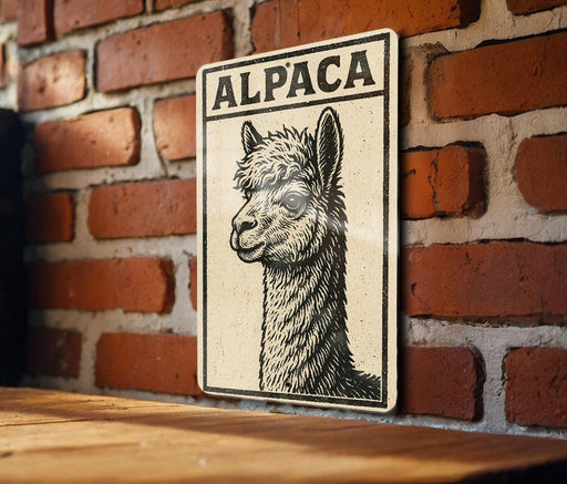 A metal sign featuring an illustration of an alpaca is mounted on a brick wall.
