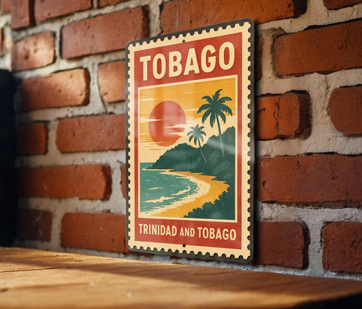 A vintage-style sign with the word "TOBAGO" prominently displayed, featuring a tropical beach scene with palm trees and a sunset.