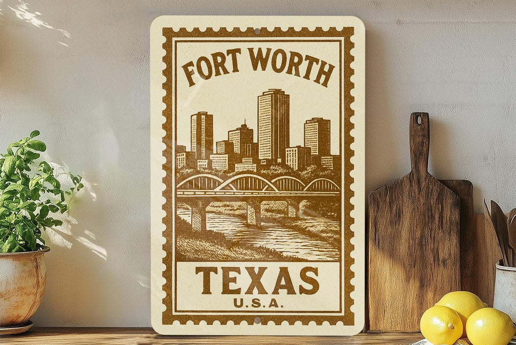 a decorative metal sign with a cityscape and a bridge, placed on a shelf next to a wooden cutting board and some potted plants.
