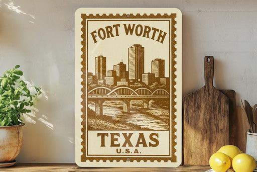 a decorative metal sign with a cityscape and a bridge, placed on a shelf next to a wooden cutting board and some potted plants.