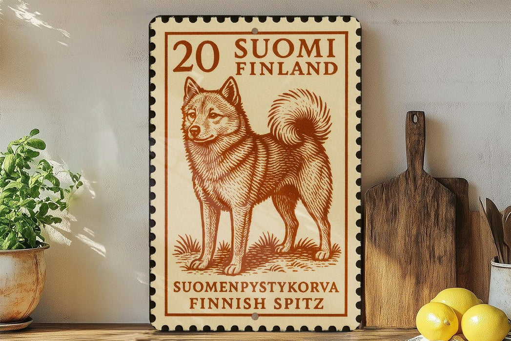 a wooden sign with a picture of a dog, a stamp, and some kitchen utensils on a shelf.