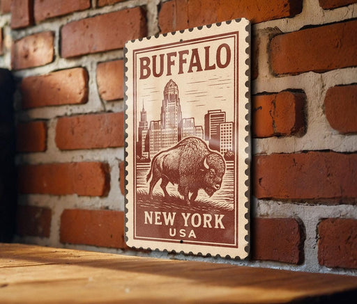 A wooden table with a framed poster of a buffalo on it, mounted on a brick wall.