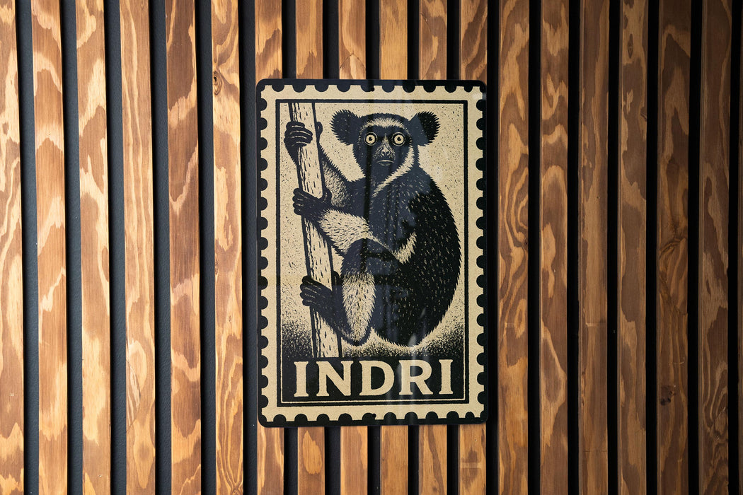 a wooden wall with a black and white illustration of a monkey on a post, and the word "INDRI" is written below the illustration.