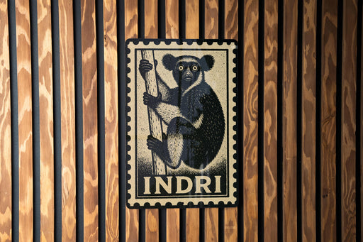 a wooden wall with a black and white illustration of a monkey on a post, and the word "INDRI" is written below the illustration.