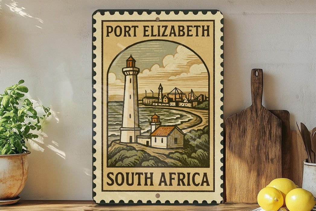 A vintage-style metal sign with a lighthouse and coastal scene, mounted on a wall next to a wooden cutting board and some potted plants.