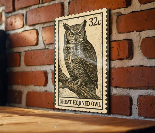 A postage stamp featuring a great horned owl is displayed on a brick wall.
